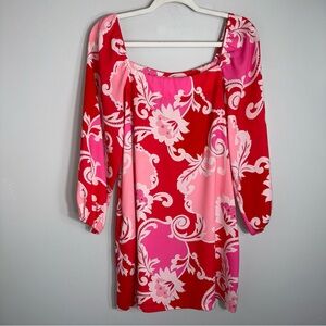 Traffic People Shift Dress-Pink Red Print-Square Neck-Size Small